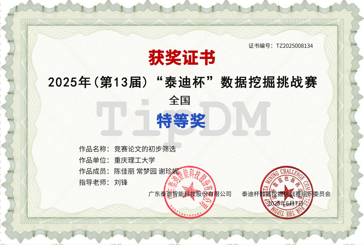 [喜讯]学校在2025年蝉联全国“泰迪杯”数据挖掘挑战赛特等奖-重庆理工大学